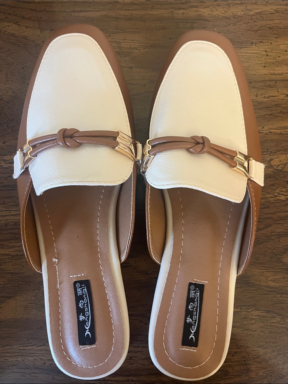 Women's Two-Tone Tan and White Slip-On Loafer Mules